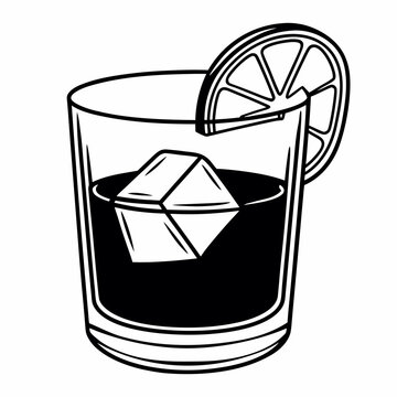 Cocktail with lemon, whiskey sour, Minimalist line icon of old fashioned cocktail in low glass with ice cube and orange peel, clean black outline, thin stroke, vector illustration, isolated on white
