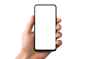 Hand holding a modern smartphone with a blank white screen isolated on a white background.
