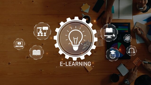 This image depicts a modern e-learning concept featuring a gear symbol and various educational icons, capturing the essence of digital learning and collaboration. Raster - Powered by Adobe