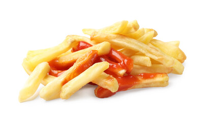 Tasty French fries with ketchup isolated on white