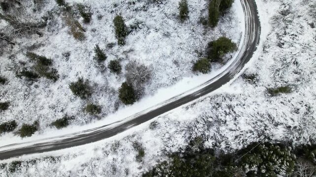 Drone video of a winding road. Aerial view of a winding mountain road in a winter forest.
A turn on a snowy forest road. A sharp turn on a mountain road among pine trees and white snow.