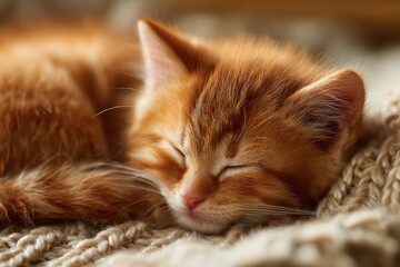 Naklejka premium Cozy domestic scene: ginger kitten snoozing on a warm blanket