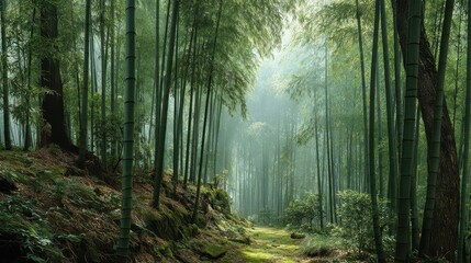 Obraz premium Emerald bamboo grove with soft morning light and mossy floor