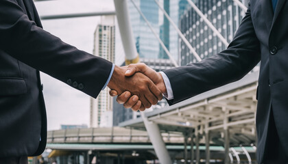 Professional business partners shaking hands in a modern urban environment, symbolizing successful negotiation, agreement, and collaborative business deal