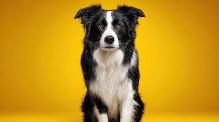 Fototapeta premium Calm Border Collie in a grooming-ready portrait with a clean yellow backdrop