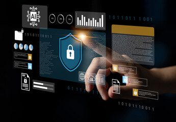 A captivating digital security scene highlighting a lock symbol with data visualization elements. A finger interacts with a futuristic screen, emphasizing cybersecurity. Gantry