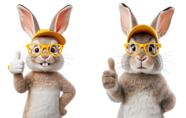 A cute cartoon rabbit in colorful glasses and a hat isolated on a transparent background