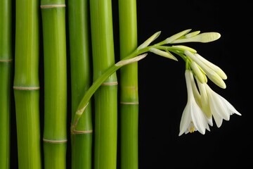 Fototapeta premium Flower growing with bamboo grove on black, background.