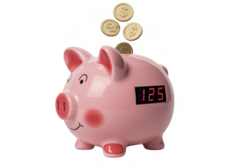 Pink Piggy Bank with Coins money savings isolated on a transparent background