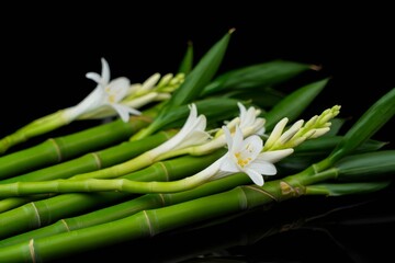 Fototapeta premium Flower growing with bamboo grove on black, background.