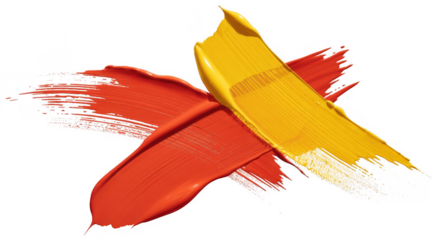 Red and yellow paint swatches on black red paint brush strokes isolated on a transparent background