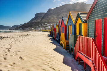 Fototapeta premium Muizenberg Beach Huts in Cape Town during a Sunny Day