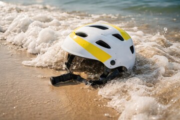 Obraz premium Safety helmet emerging from ocean waves illustrating the intersection of adventure and environmental elements in dynamic coastal landscapes captured with clarity