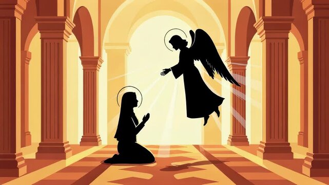 Woman kneeling encountering an angel in an arcade, with varying halo positions and communication gestures, illustrating divine revelation