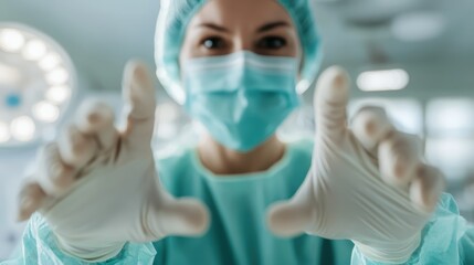 A focused surgical professional in scrubs and a mask, preparing for a procedure, illustrating the dedication, precision, and seriousness that define the medical field.