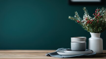 A beautifully curated table setting featuring stylish cups, plates, and seasonal decor elements, creating a festive atmosphere, perfect for cozy gatherings and holiday celebrations.