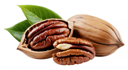 Pecans and leaves nuts green brown isolated on a transparent background