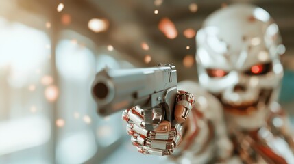 This imposing robot, with a menacing stance and a firearm, symbolizes themes of conflict and fear, embodying the tension between technology and humanity in a high-stakes environment.