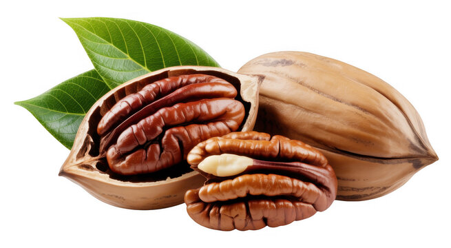 Pecans and leaves nuts green brown isolated on a transparent background