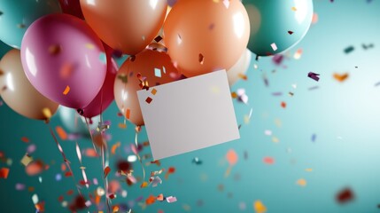 A festive composition of colorful balloons with confetti in the air, designed to evoke celebration and joy, perfect for invitations and festive occasions.