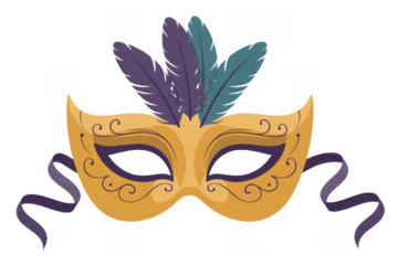 Yellow masquerade mask with feathers and ribbons purple isolated on a transparent background