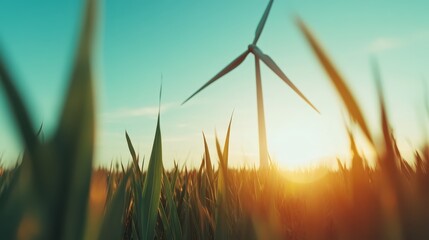 A picturesque wind turbine rises above a field of tall grass, illuminated by a vibrant sunset, emphasizing sustainable energy and harmony with nature in an eco-friendly setting.