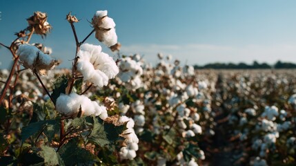 Eco-friendly cotton farming scene: orderly rows, white bolls, and open landscape for headlines