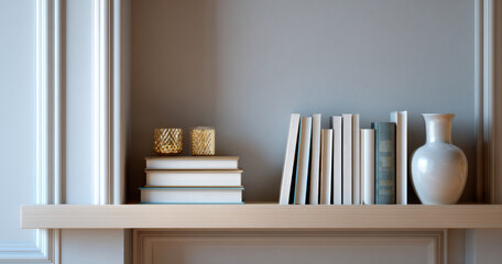Minimalist bookshelf with neatly arranged books, decorative glass candle holders, and a ceramic vase on a wooden mantel against a neutral wall