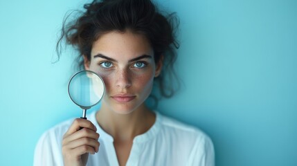 A contemplative woman holding a magnifying glass close to her face, gazing thoughtfully at the camera against a striking blue background, embodying curiosity and exploration.