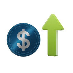 Obraz premium Blue coin with dollar sign and green arrow finance isolated on a transparent background