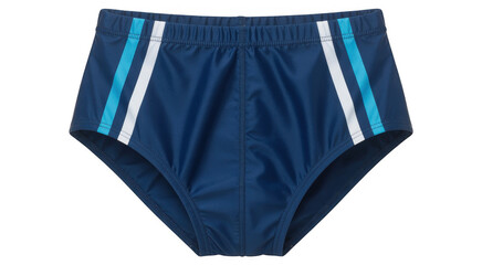 Blue swim trunks with white and light blue stripes isolated on a transparent background