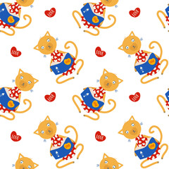 Seamless pattern with cute cat sitting in lotus position reading a book about love, heart symbol, love concept. Flat vector illustration, Valentine's Day theme, for textile, wallpaper, wrapping paper.