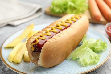 Tasty hot dog with mustard and potato fries on grey textured table, closeup