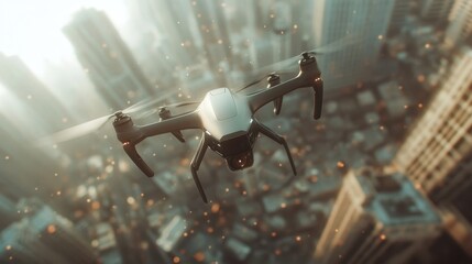 An advanced drone hovers above a bustling city, showcasing the blend of technology and urban life amid a backdrop of shimmering skyscrapers and bright lights at dawn.