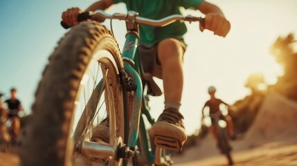 This dynamic image captures a child riding a bicycle through an outdoor setting during sunset, highlighting the joy of exploration and freedom in childhood playtime activities.