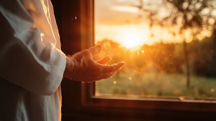 A peaceful scene shows hands reaching toward a warm sunset through a window, symbolizing hope, inspiration, and the profound connection between nature and humanity.