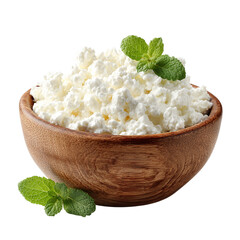 Creamy Cottage Cheese in Wooden Bowl isolated on transparent background.