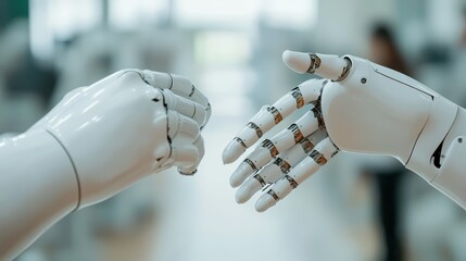 Two robotic hands gently reach towards each other, representing the convergence of technology and humanity, evoking themes of connection, innovation, and the future.