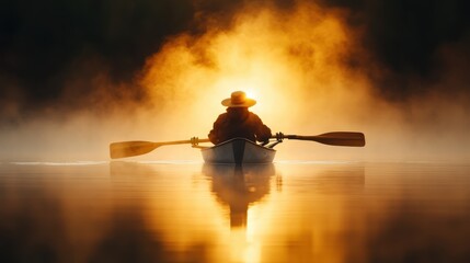 A solitary figure in a canoe navigates through a misty lake at sunrise, illustrating tranquility, adventure, and the beauty of nature in its most serene form, capturing peaceful moments.