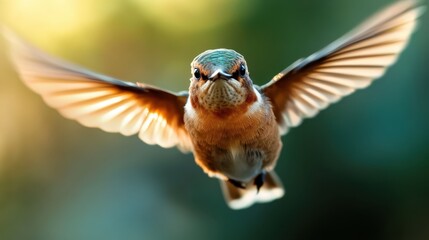 Obraz premium A stunning close-up of a hummingbird in mid-flight, showcasing its vibrant colors and graceful wings, symbolizing agility and beauty in nature.