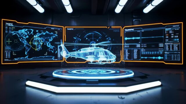 Cutting-edge military command center UI with glowing blue/orange displays, real-time data, and a rotating iridescent holographic helicopter in a dark lab. High-stakes sci-fi thriller atmosphere