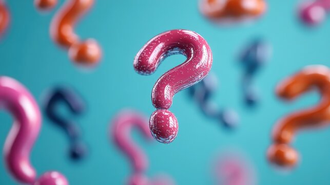 A dynamic arrangement of colorful question marks suspended in mid-air, symbolizing curiosity, inquiry, and the endless pursuit of knowledge and understanding in life.