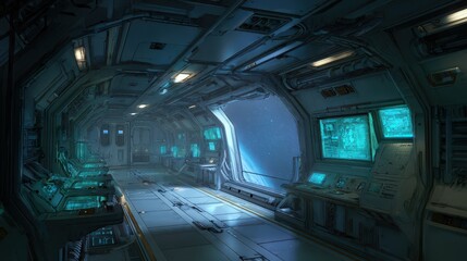 Futuristic spaceship cabin interior with a large viewing window to space