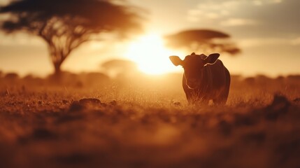A serene scene showcasing a cow wandering in a golden field during sunrise, encapsulating the peace and beauty of rural life under a stunning sky.