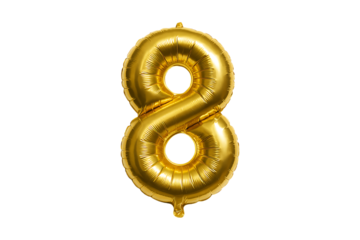 A shiny golden number eight balloon isolated perfect for designs on transparent background
