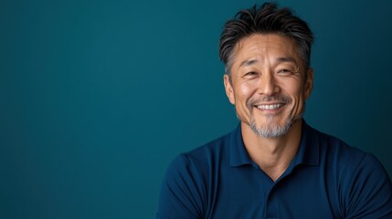 Obraz premium This vibrant portrait showcases a joyful middle-aged man smiling confidently against a teal backdrop, embodying warmth and approachability, characteristics of a fulfilled life.
