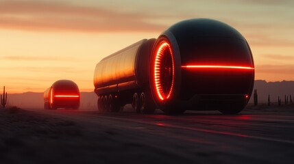 A pair of futuristic trucks equipped with glowing wheels traversing a desert road at dusk, symbolizing advanced technology and innovation in transportation.
