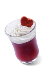Cherry jello shots in a glass with whipped cream and a red heart cookie topping on a white isolated background