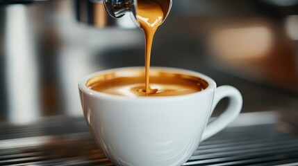 A close-up of rich coffee flowing into a pristine white cup, symbolizing daily rituals, energy, and the comforting embrace of a warm beverage to start the day.