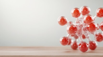 An artistic representation of a red molecular structure rests elegantly on a wooden surface, merging science with aesthetics in a captivating visual display.